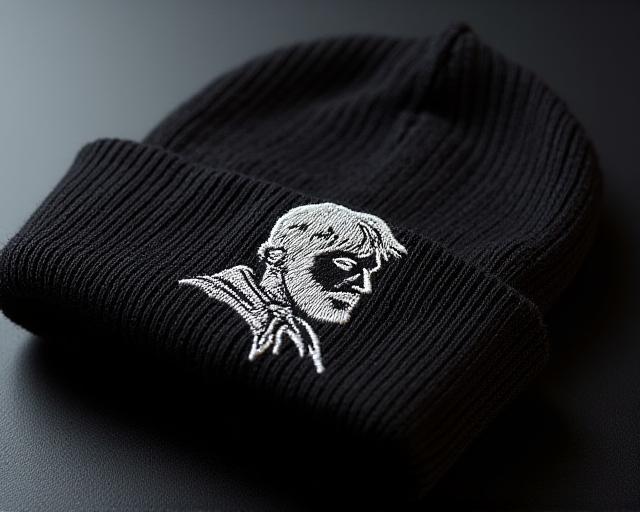 Beanie nero con il ricamo del profilo di Dante Alighieri